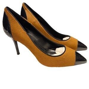 Giuseppe Zanotti Italy Heels Camel Pony Hair W/ Black Patent Toe Sz US 5  NIB